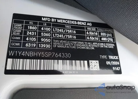2025 Mercedes-Benz Sprinter 2500 Standard Roof 4-Cyl Diesel Ho z USA, uszkodzony, nr VIN W1Y4NBHY5SP764330